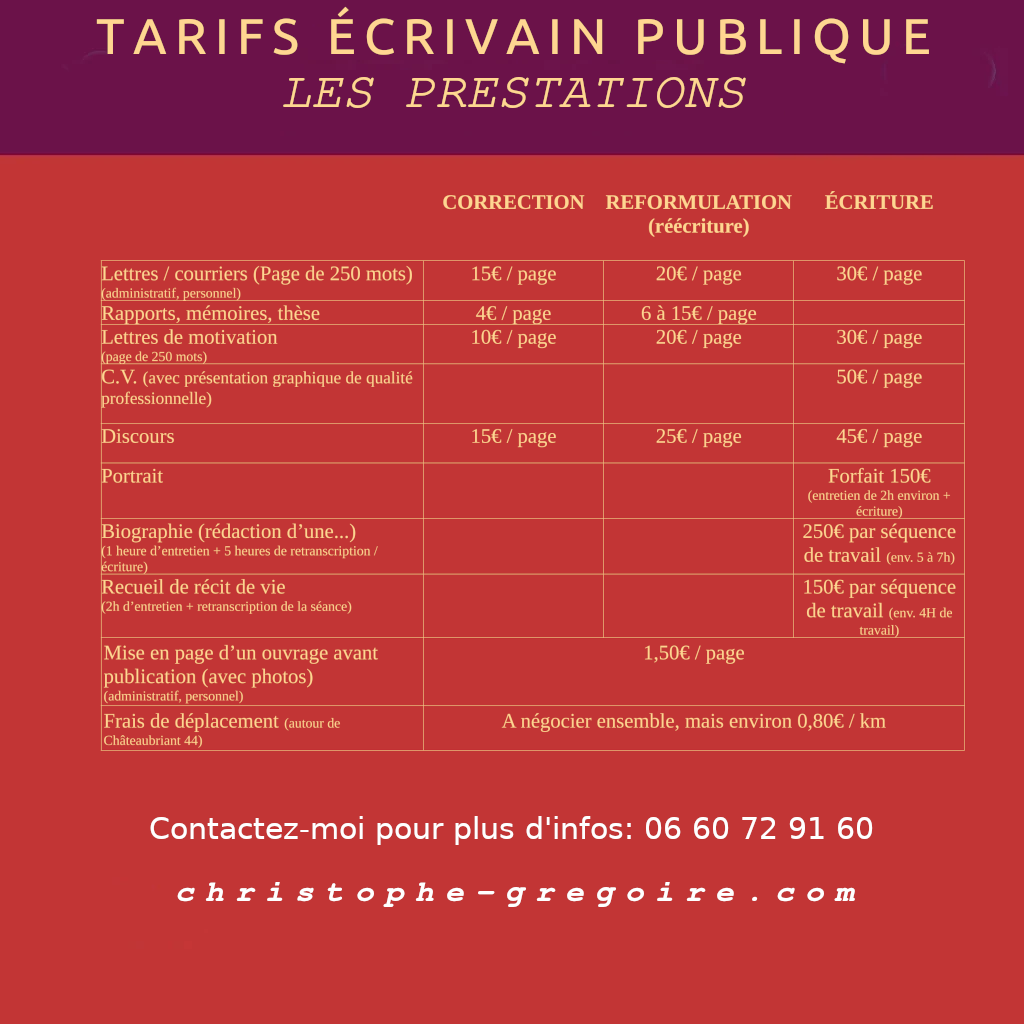 Tarifs écrivain public