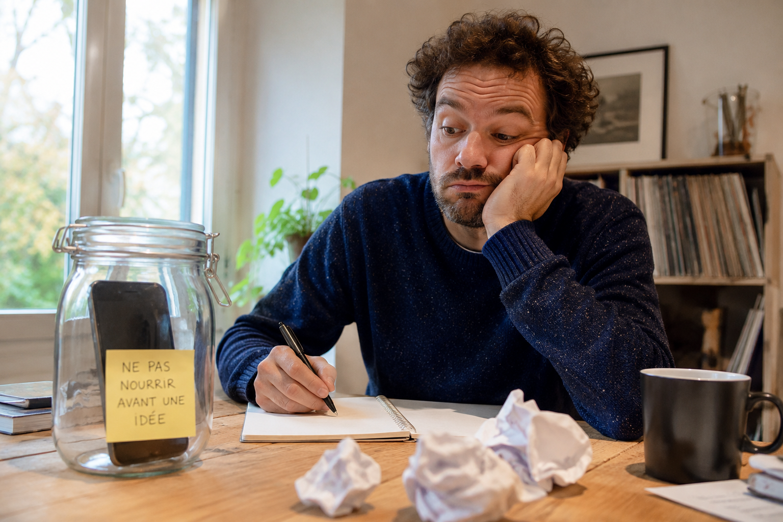 Atelier d’écriture sur l’ennui : personne assise devant une feuille blanche, avec un téléphone enfermé dans un bocal pour écrire quand on s’ennuie